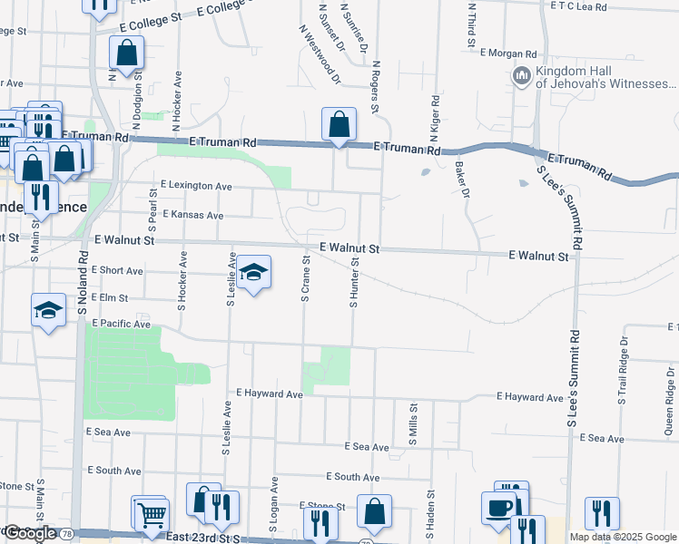 map of restaurants, bars, coffee shops, grocery stores, and more near 324 South Hunter Street in Independence