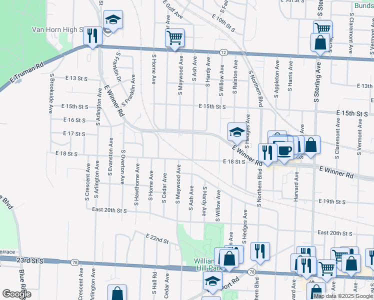 map of restaurants, bars, coffee shops, grocery stores, and more near 1714 South Ash Avenue in Independence