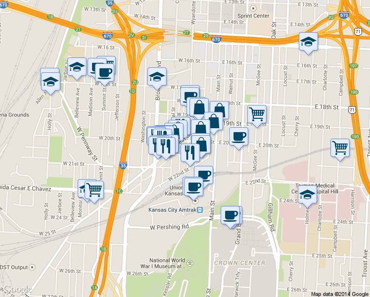 map of restaurants, bars, coffee shops, grocery stores, and more near 214 West 21st Street in Kansas City
