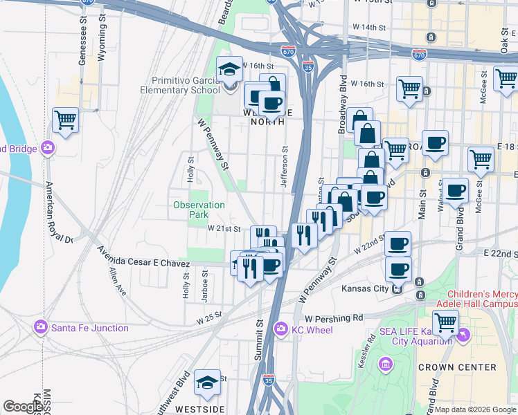 map of restaurants, bars, coffee shops, grocery stores, and more near 2021 West Pennway Terrace in Kansas City