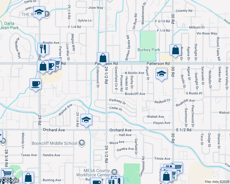 map of restaurants, bars, coffee shops, grocery stores, and more near 559 Greenfield Circle East in Grand Junction