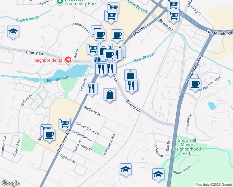 map of restaurants, bars, coffee shops, grocery stores, and more near 14440 Cherry Lane Court in Laurel