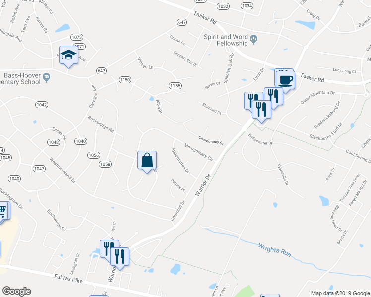map of restaurants, bars, coffee shops, grocery stores, and more near 344 Montgomery Circle in Stephens City