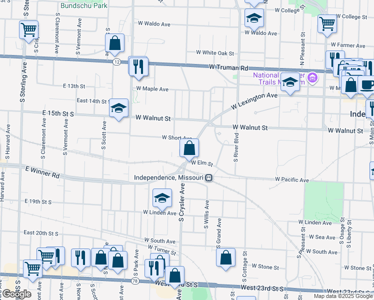 map of restaurants, bars, coffee shops, grocery stores, and more near 1318 West Lexington Avenue in Independence