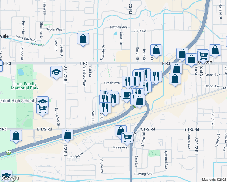 map of restaurants, bars, coffee shops, grocery stores, and more near 578 Plainview Court in Grand Junction