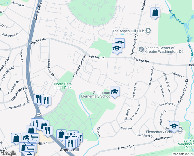 map of restaurants, bars, coffee shops, grocery stores, and more near 3323 Weeping Willow Court in Aspen Hill