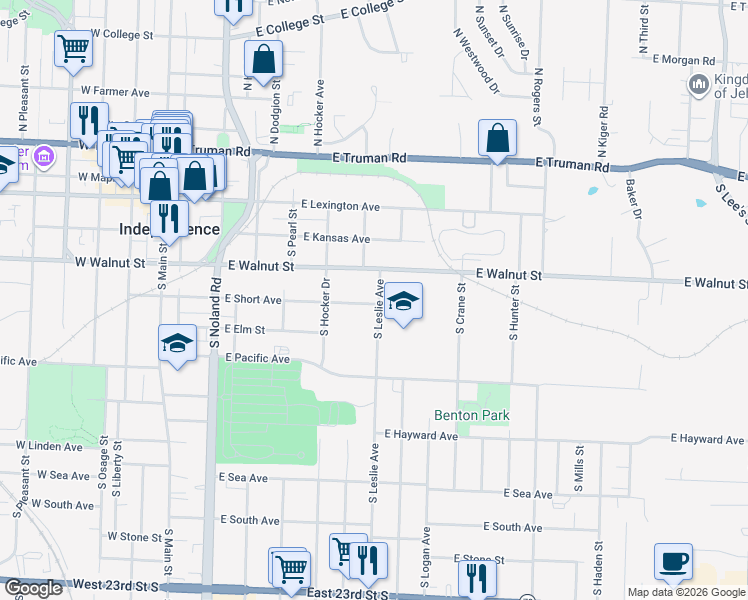 map of restaurants, bars, coffee shops, grocery stores, and more near 519 East Short Avenue in Independence