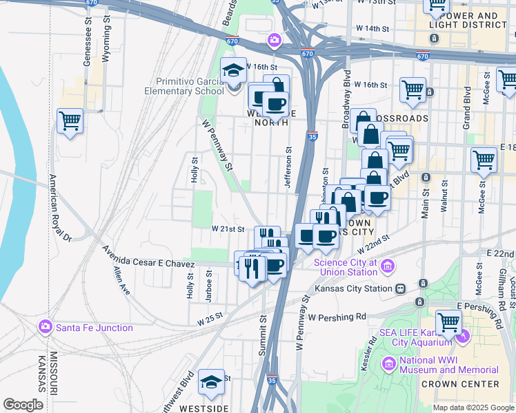 map of restaurants, bars, coffee shops, grocery stores, and more near 2021 West Pennway Terrace in Kansas City