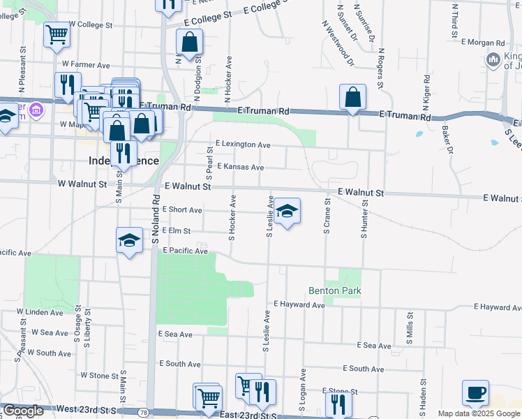 map of restaurants, bars, coffee shops, grocery stores, and more near 519 East Short Avenue in Independence