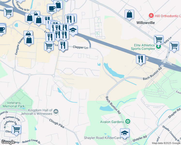 map of restaurants, bars, coffee shops, grocery stores, and more near 1169 Lamplighter Way in Cincinnati
