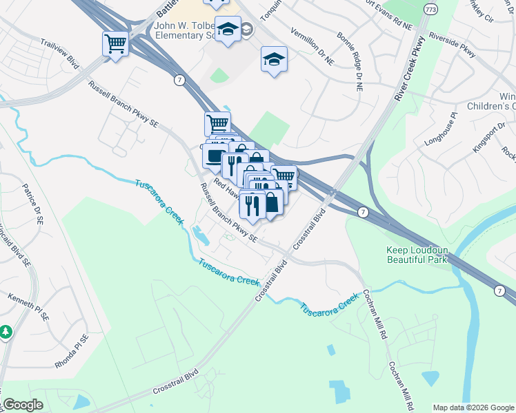 map of restaurants, bars, coffee shops, grocery stores, and more near 1607 Village Market Boulevard Southeast in Leesburg