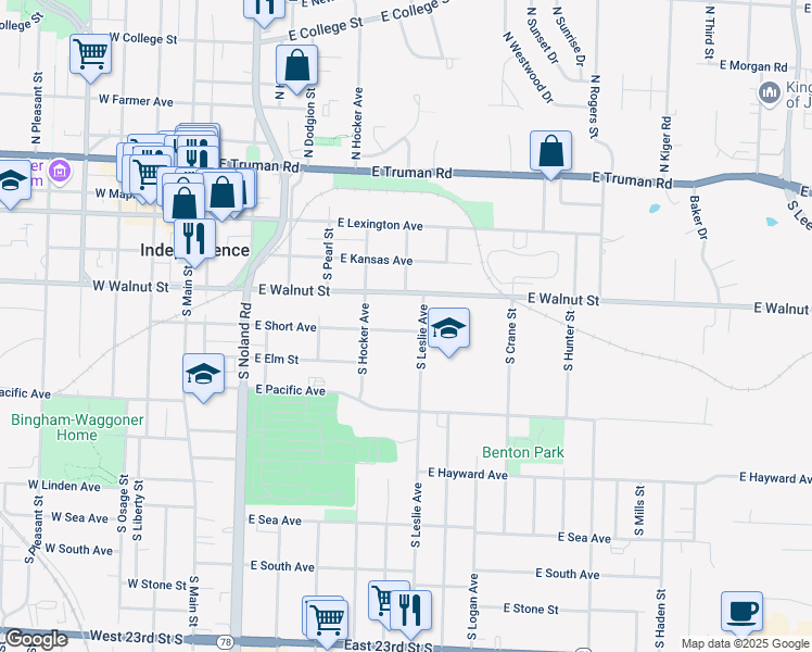 map of restaurants, bars, coffee shops, grocery stores, and more near 519 East Short Avenue in Independence