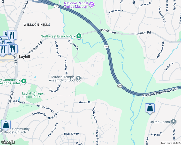 map of restaurants, bars, coffee shops, grocery stores, and more near 1361 Alderton Lane in Silver Spring
