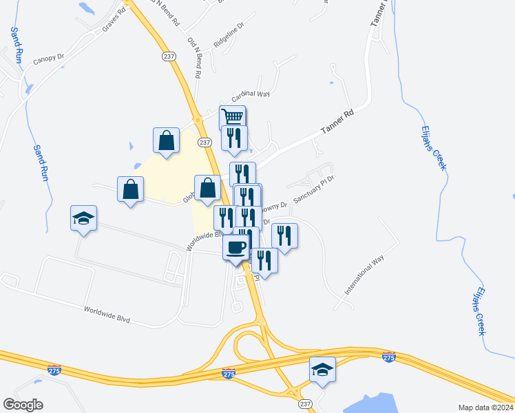 map of restaurants, bars, coffee shops, grocery stores, and more near 2010 Downy Drive in Hebron