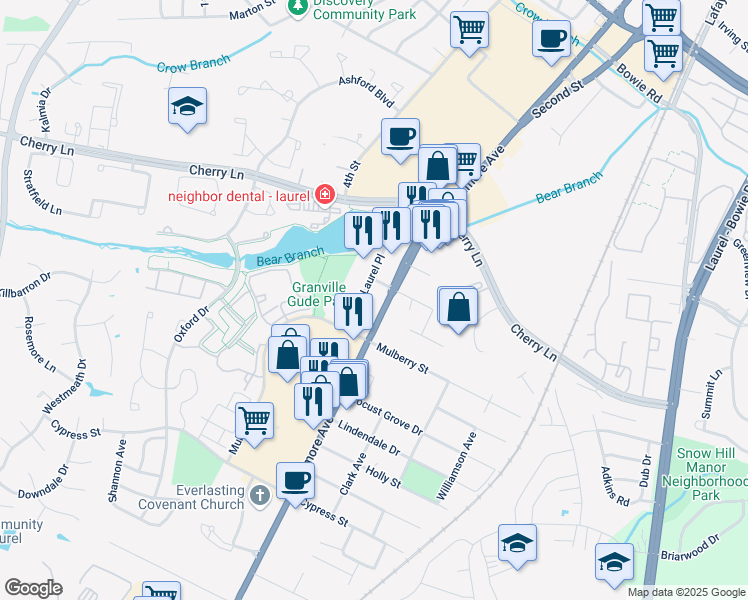 map of restaurants, bars, coffee shops, grocery stores, and more near 14405 Laurel Place in Laurel