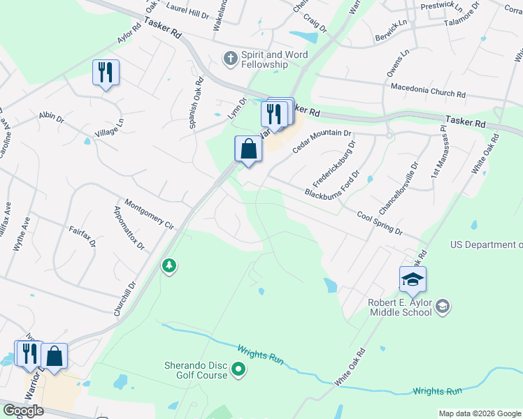 map of restaurants, bars, coffee shops, grocery stores, and more near 105 Upperville Drive in Stephens City