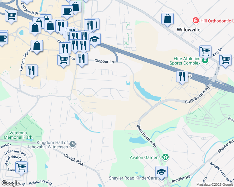 map of restaurants, bars, coffee shops, grocery stores, and more near 1169 Lamplighter Way in Cincinnati