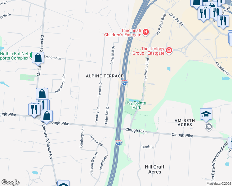 map of restaurants, bars, coffee shops, grocery stores, and more near 4500 Long Acres Drive in Cincinnati