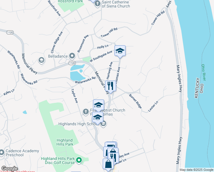 map of restaurants, bars, coffee shops, grocery stores, and more near 939 North Fort Thomas Avenue in Fort Thomas