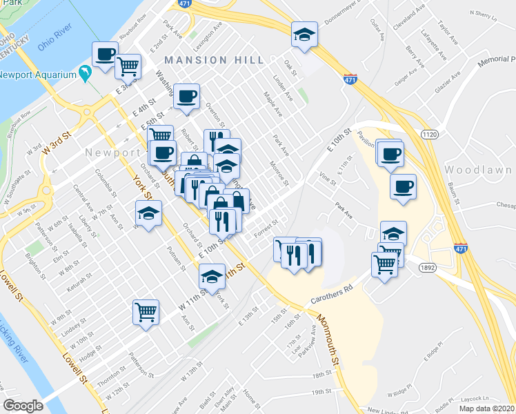 map of restaurants, bars, coffee shops, grocery stores, and more near 1008 Hamlet Street in Newport