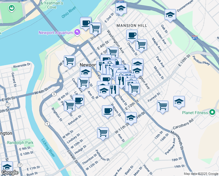 map of restaurants, bars, coffee shops, grocery stores, and more near 832 Orchard Street in Newport