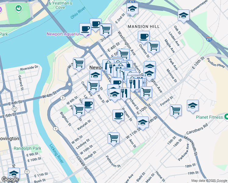 map of restaurants, bars, coffee shops, grocery stores, and more near 15 West 8th Street in Newport