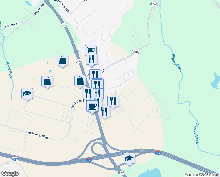 map of restaurants, bars, coffee shops, grocery stores, and more near 2010 Downy Drive in Hebron