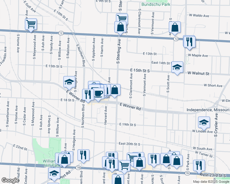 map of restaurants, bars, coffee shops, grocery stores, and more near 1714 South Sterling Avenue in Independence