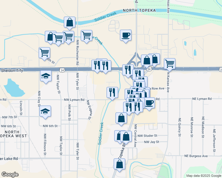 map of restaurants, bars, coffee shops, grocery stores, and more near 620 Northwest Lyman Road in Topeka