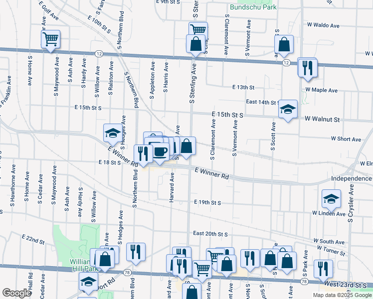 map of restaurants, bars, coffee shops, grocery stores, and more near 1714 South Sterling Avenue in Independence