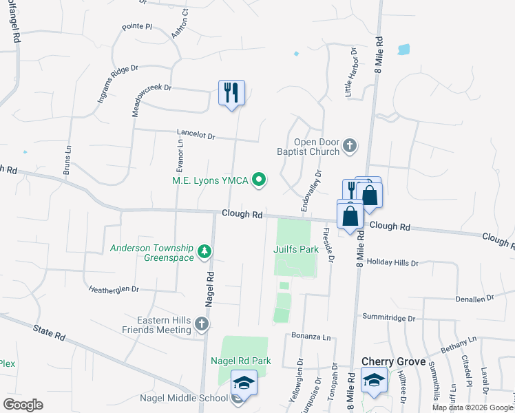 map of restaurants, bars, coffee shops, grocery stores, and more near 8134 Clough Pike in Cincinnati