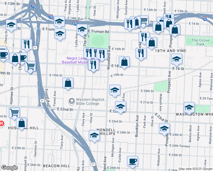 map of restaurants, bars, coffee shops, grocery stores, and more near 1930 Woodland Avenue in Kansas City