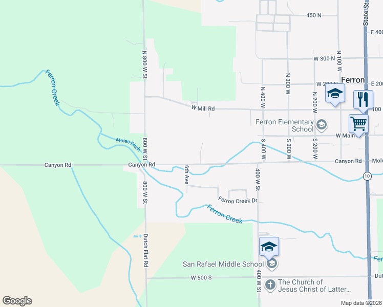 map of restaurants, bars, coffee shops, grocery stores, and more near 650 100 South in Ferron