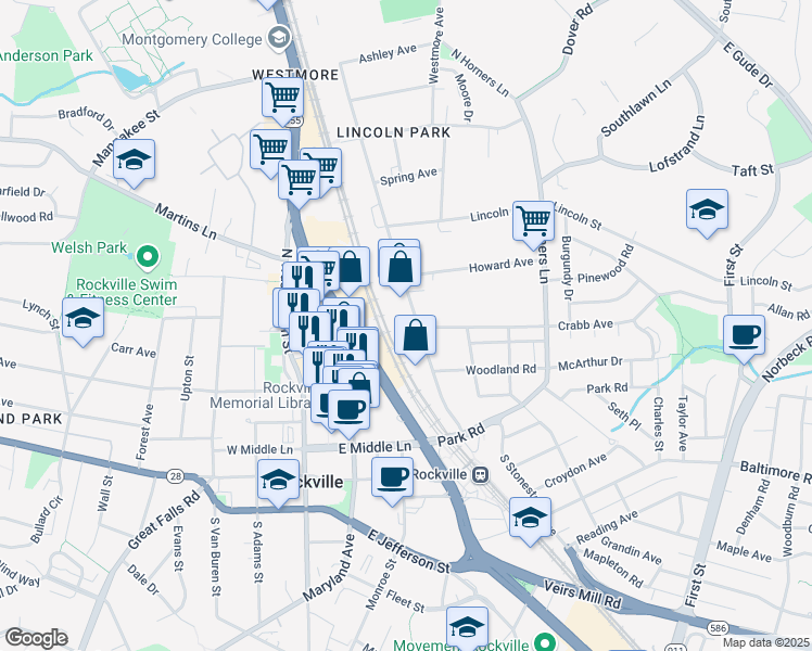 map of restaurants, bars, coffee shops, grocery stores, and more near 326 North Stonestreet Avenue in Rockville