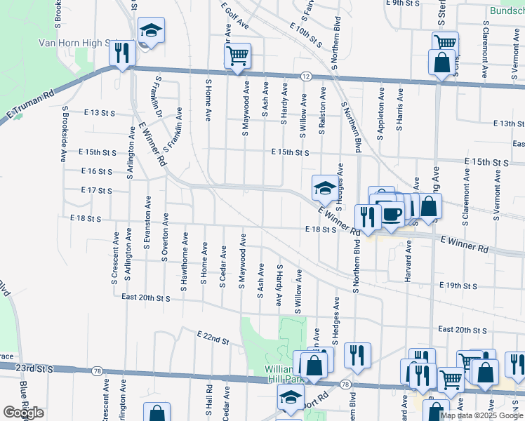 map of restaurants, bars, coffee shops, grocery stores, and more near 1714 South Ash Avenue in Independence