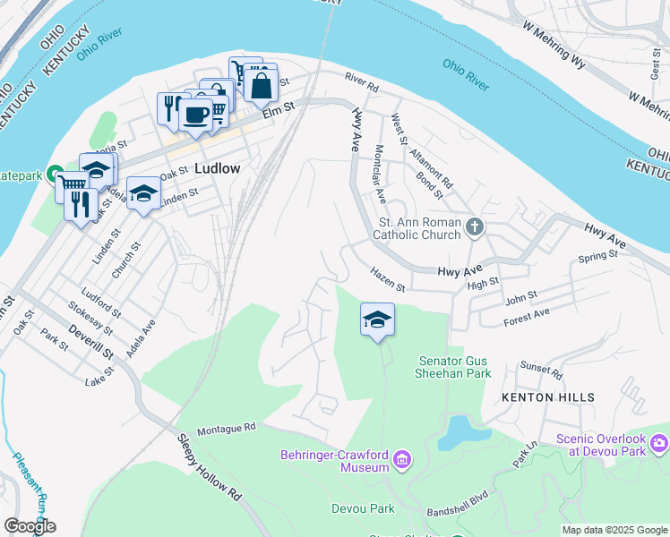 map of restaurants, bars, coffee shops, grocery stores, and more near 346 Eastview Court in Ludlow