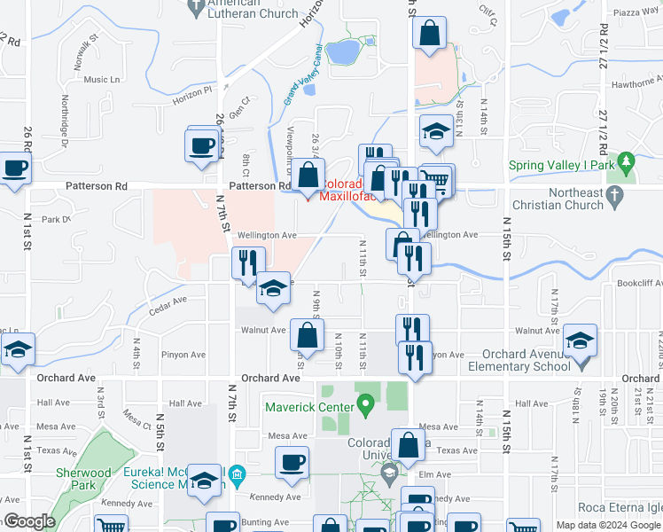 map of restaurants, bars, coffee shops, grocery stores, and more near 960 Bookcliff Avenue in Grand Junction