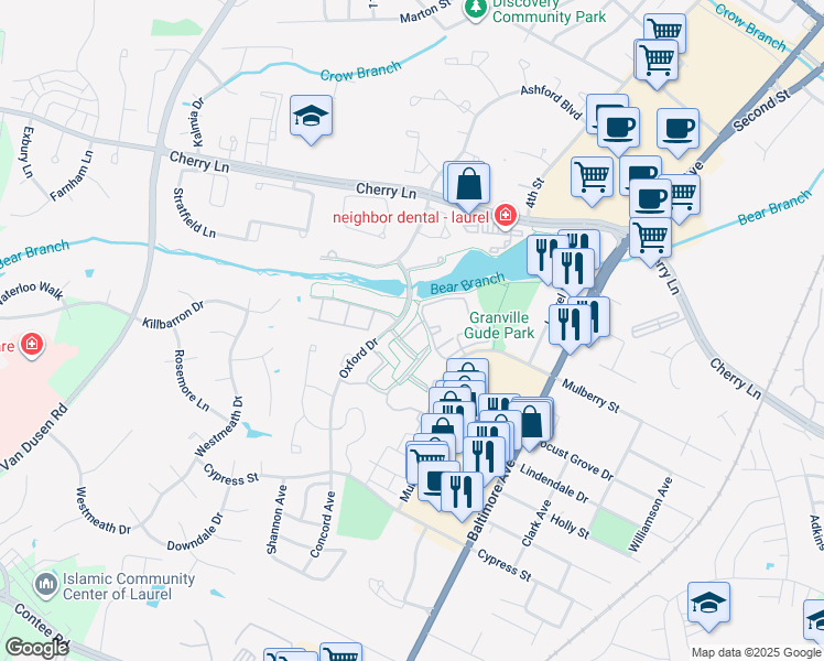 map of restaurants, bars, coffee shops, grocery stores, and more near 14311 Runabout Court in Laurel