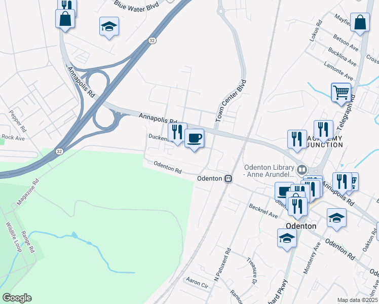 map of restaurants, bars, coffee shops, grocery stores, and more near 1114 Town Center Boulevard in Odenton