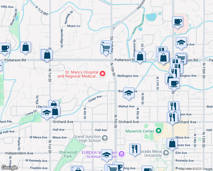 map of restaurants, bars, coffee shops, grocery stores, and more near 580 Bookcliff Avenue in Grand Junction