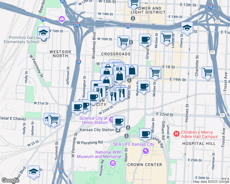 map of restaurants, bars, coffee shops, grocery stores, and more near 2017 Wyandotte Street in Kansas City