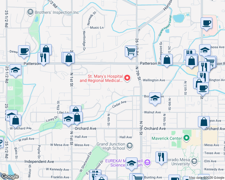 map of restaurants, bars, coffee shops, grocery stores, and more near 301 Bookcliff Court in Grand Junction