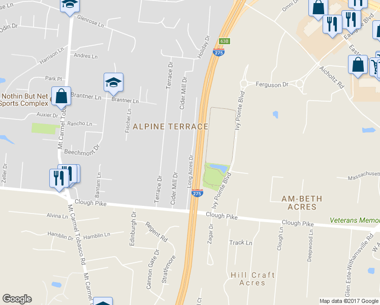 map of restaurants, bars, coffee shops, grocery stores, and more near 4500 Long Acres Drive in Cincinnati