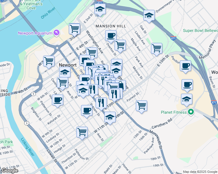 map of restaurants, bars, coffee shops, grocery stores, and more near 912 Saratoga Street in Newport