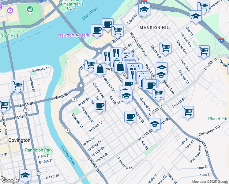 map of restaurants, bars, coffee shops, grocery stores, and more near 722 Columbia Street in Newport