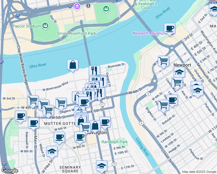 map of restaurants, bars, coffee shops, grocery stores, and more near 309 Garrard Street in Covington
