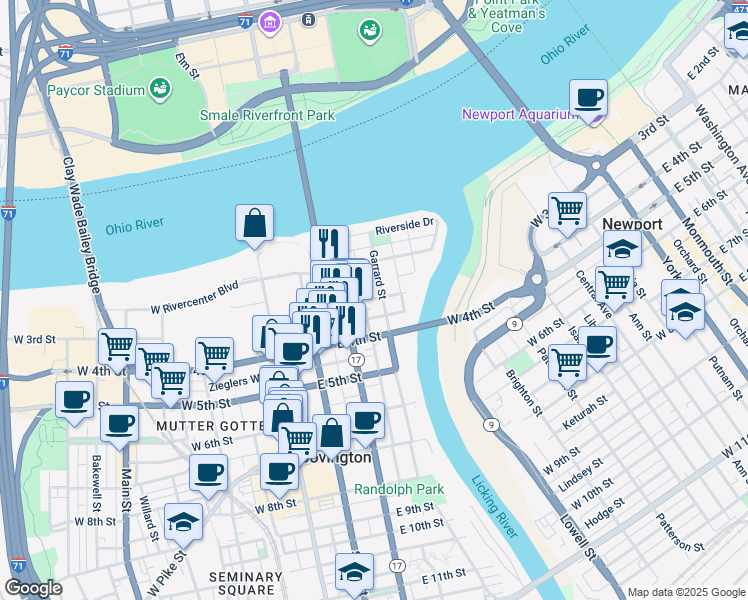 map of restaurants, bars, coffee shops, grocery stores, and more near 309 Garrard Street in Covington