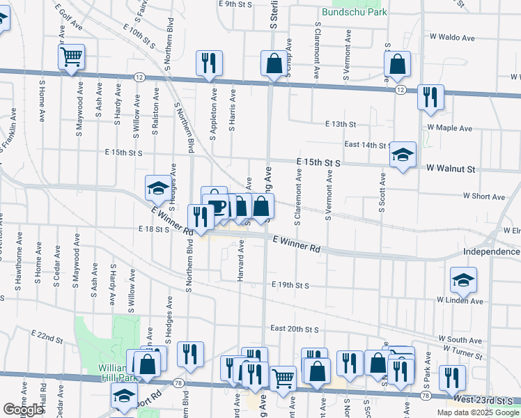 map of restaurants, bars, coffee shops, grocery stores, and more near 1714 South Sterling Avenue in Independence