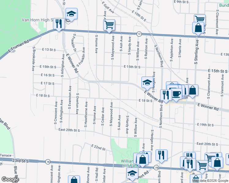 map of restaurants, bars, coffee shops, grocery stores, and more near 1714 South Ash Avenue in Independence