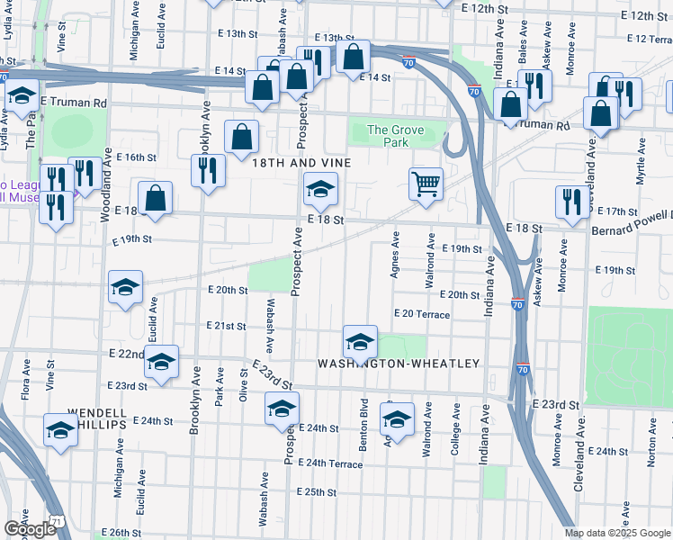 map of restaurants, bars, coffee shops, grocery stores, and more near 1865 Benton Boulevard in Kansas City